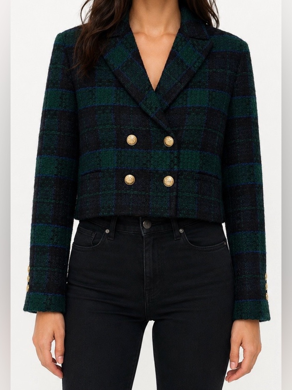 Zara Cropped Plaid Tweed Blazer Jacket Green Blue Black M
